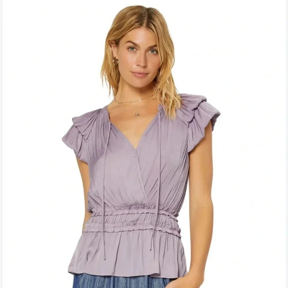 Anthropologie Current Air Tessa top. Layered sleeves, cinched waist. Lavendar M - Picture 1 of 10